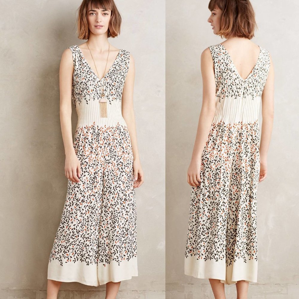 Anthropologie Cream Floral Print Sleeveless Jumpsuit